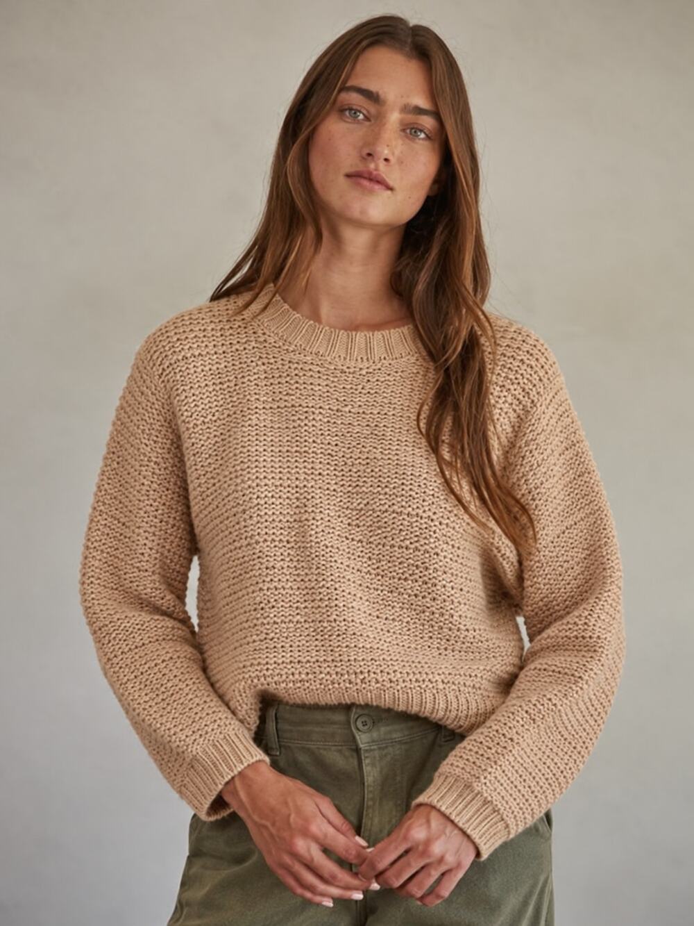 Truth by Republic NWT L Camel Textured Chunky Knit Crewneck Sweater Cotton Blend